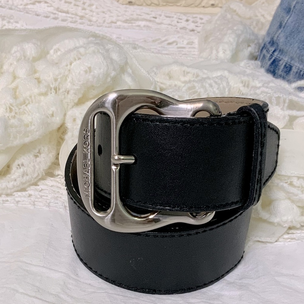 Michael Kors Black Leather Statement Belt Silvertone Hardware